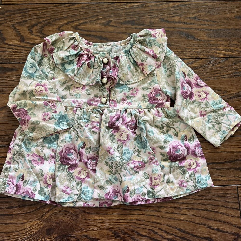 VTG‎ First In First Out Floral Collar Long Sleeve Dress 12 Mo USA Pearl Ruffles